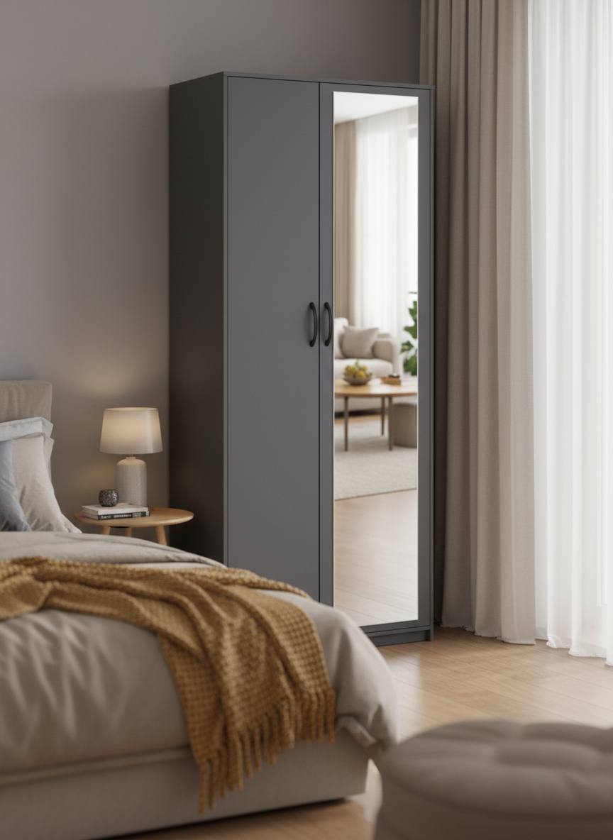 Шкаф 2-х створчатый "Дуэт Люкс" с зеркалом в цвете Графит